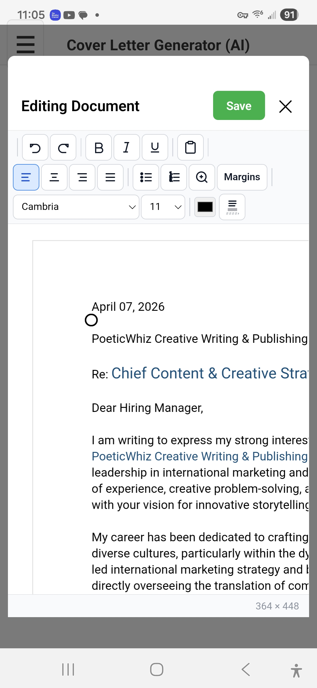 Generated cover letter open in the editor